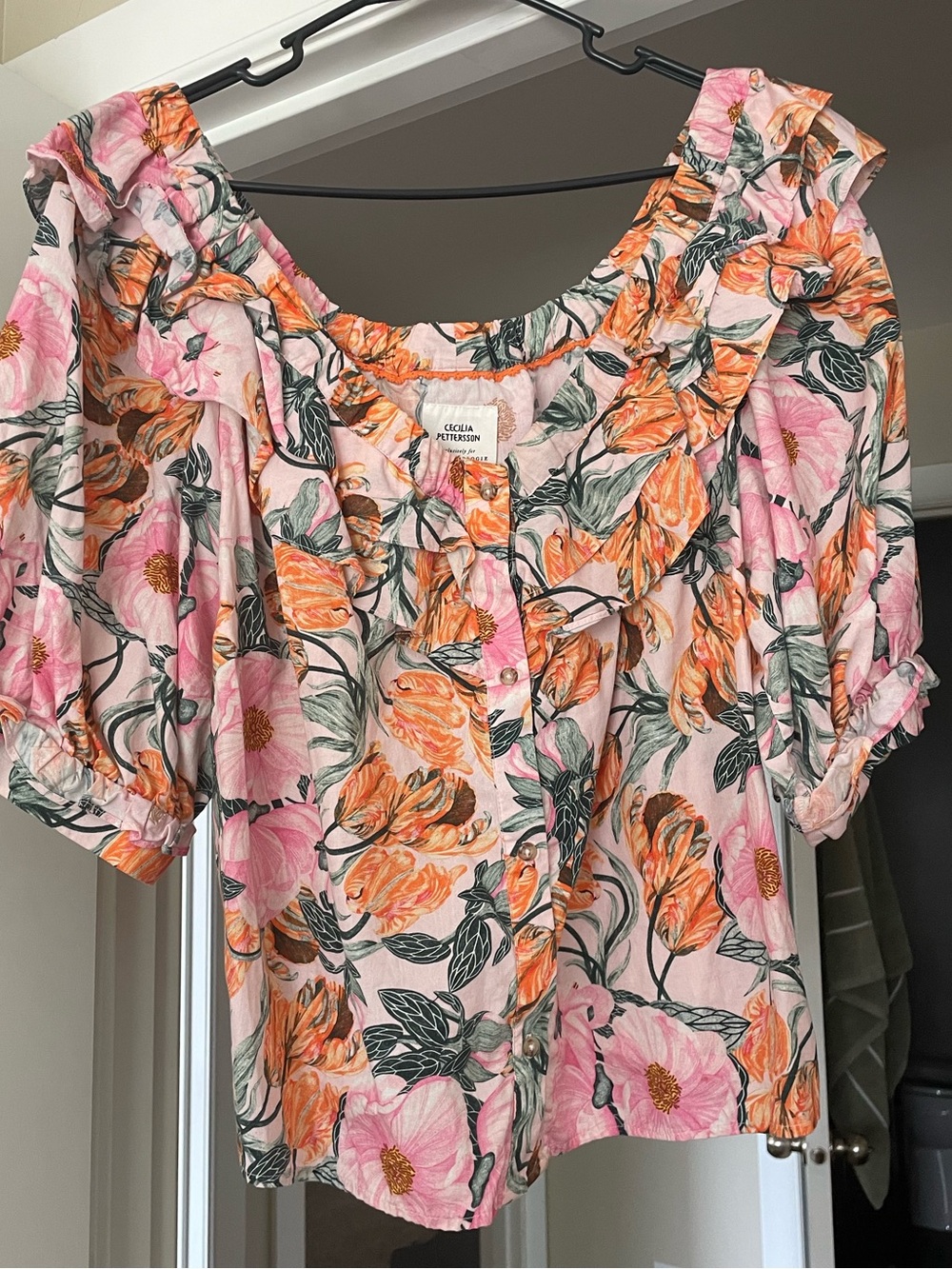 Anthropologie Pink and Orange Floral Ruffled Off-Shoulder Blouse